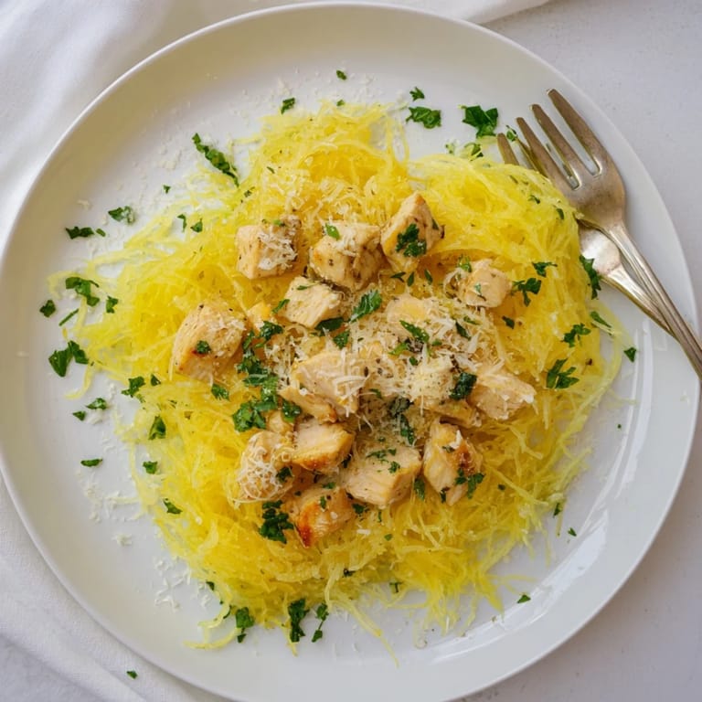 A plate of the finished recipe reveals fork-twirled squash noodles topped with the savory chicken mixture, perfect for a gluten-free weeknight dinner.
