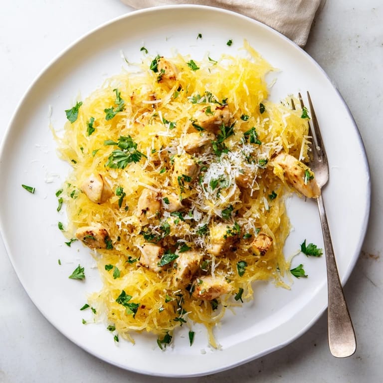 A close-up view shows golden-brown chicken pieces nestled in the pale yellow spaghetti squash, with melted Parmesan and a bright lemon wedge garnish.  