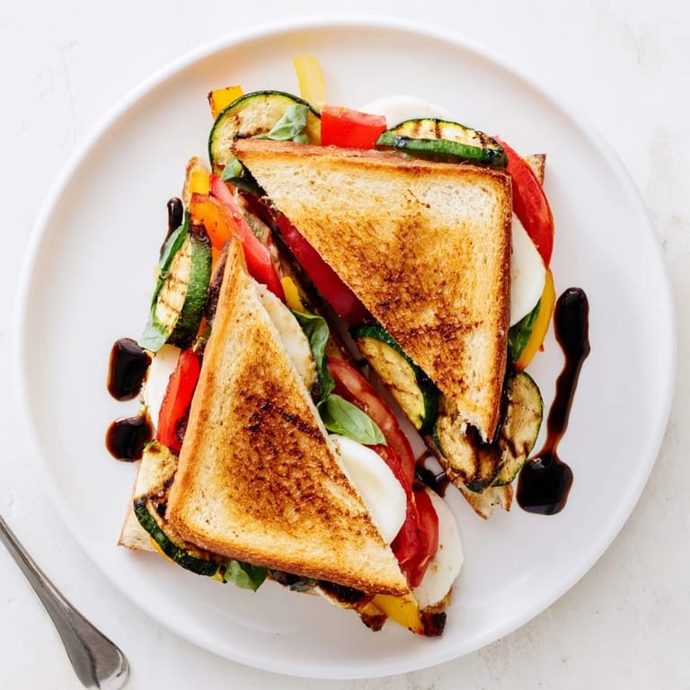 A close-up shows melted mozzarella oozing from the toasted bread around vibrant roasted vegetables and fresh tomato slices.  