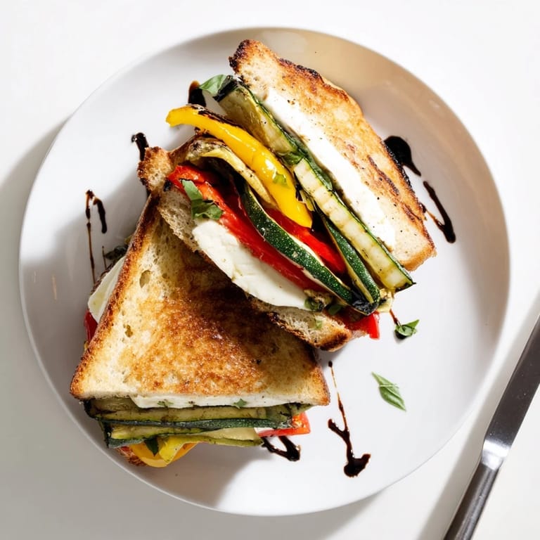 Serve this Roasted Veggie Caprese Grilled Cheese warm with a balsamic glaze drizzle and a side of tomato soup.