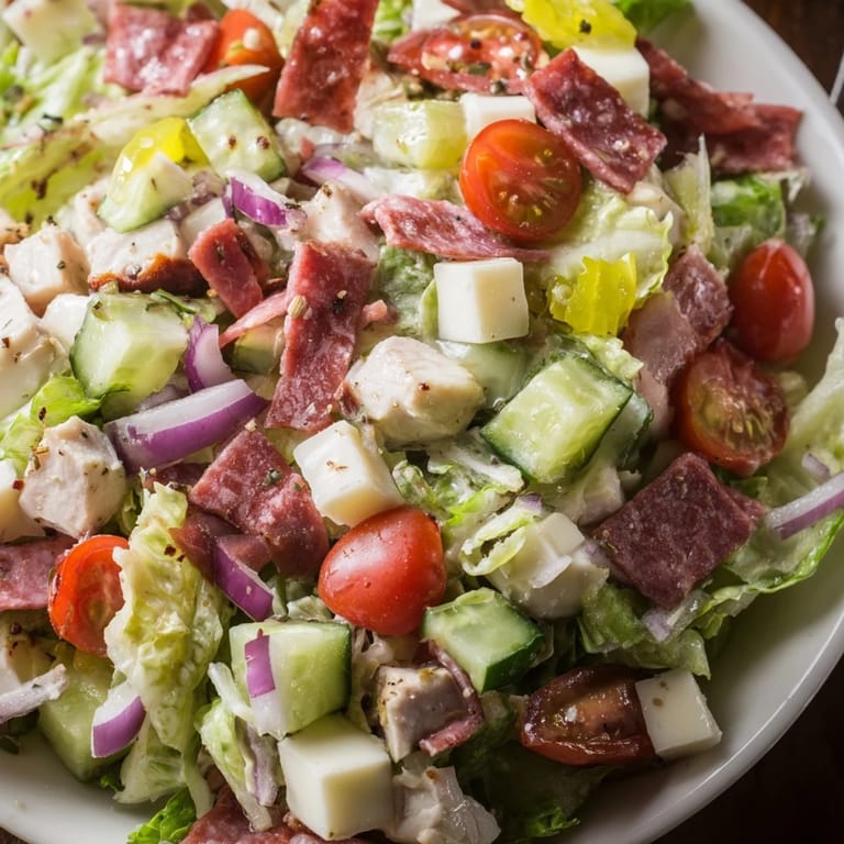 Freshly tossed Italian Deli Chopped Chicken Salad featuring juicy chicken, salami, and a tangy herb dressing.