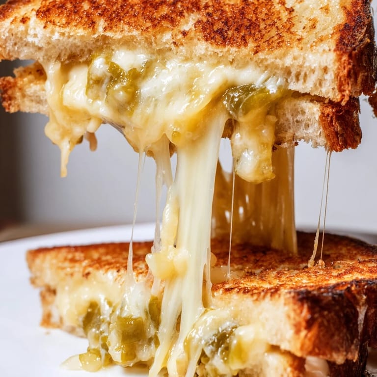 Close-up view of a sliced Jalapeño Pepper Jack Grilled Cheese, revealing creamy layers of pepper jack and tangy jalapeños inside.