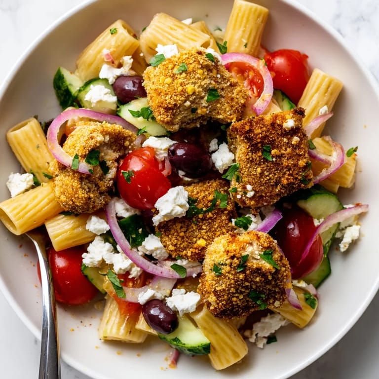 A serving of Crispy Chicken Greek Pasta shows a colorful bowl filled with crispy chicken, feta cheese, Kalamata olives, and fresh parsley.