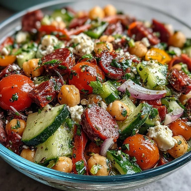 Colorful bowl of Crunchy Antipasto Chopped Salad served as a refreshing appetizer or light main dish.
