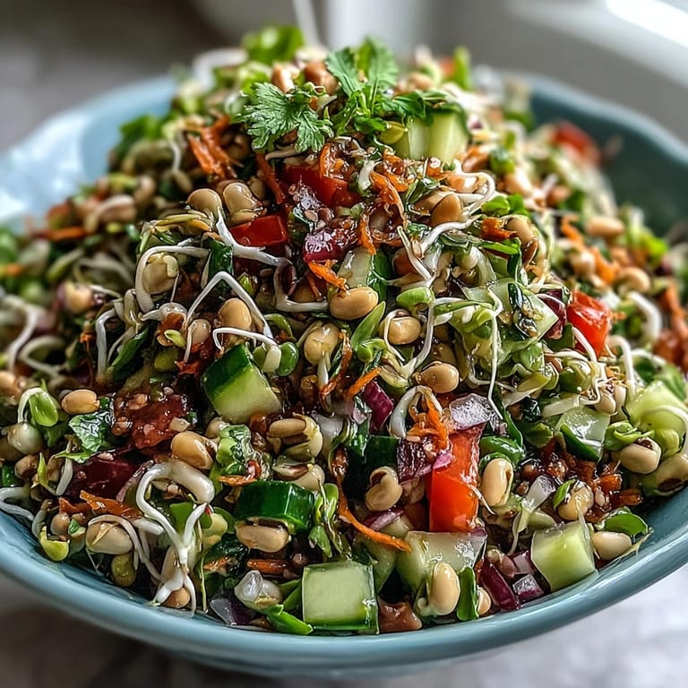 Close-up of a refreshing sprouted seed salad, a healthy vegan meal topped with chopped cilantro.