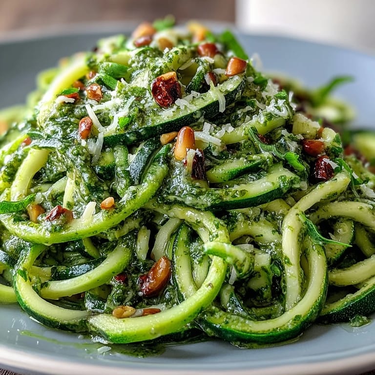 Tender spiralized zucchinis coated in fresh pesto, perfect for a light meal.