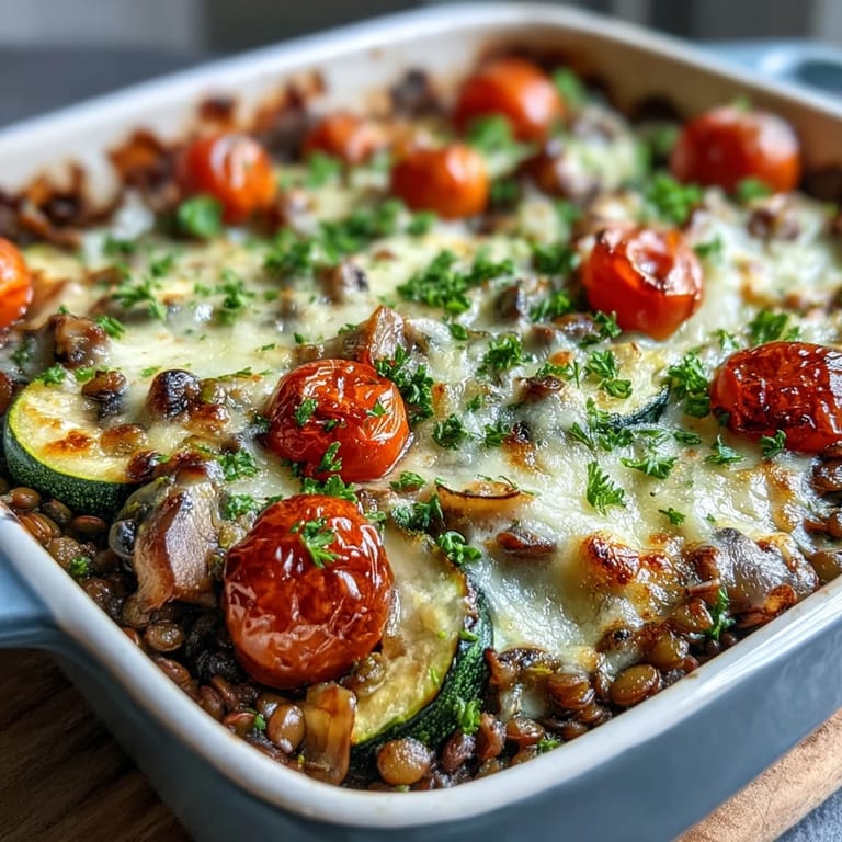 Comforting baked green lentil and vegetable casserole ready for a delicious dinner.
