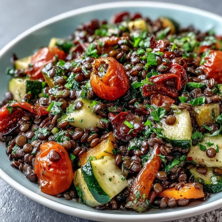 Freshly tossed black lentil salad, showcasing caramelized vegetables and herbs.