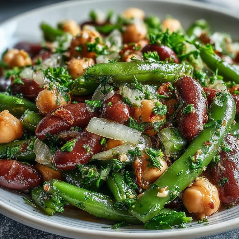 Freshly made Three-Bean Salad, featuring a vibrant mix of beans and herbs.