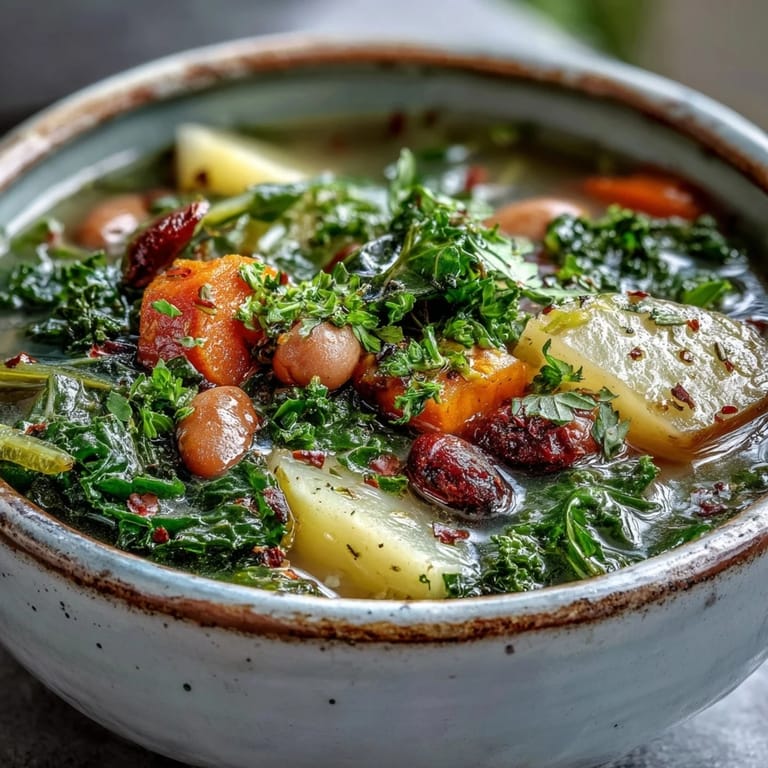 Healthy vegetarian Kale Soup served in a white bowl with a slice of crusty bread, ready for a cozy lunch.