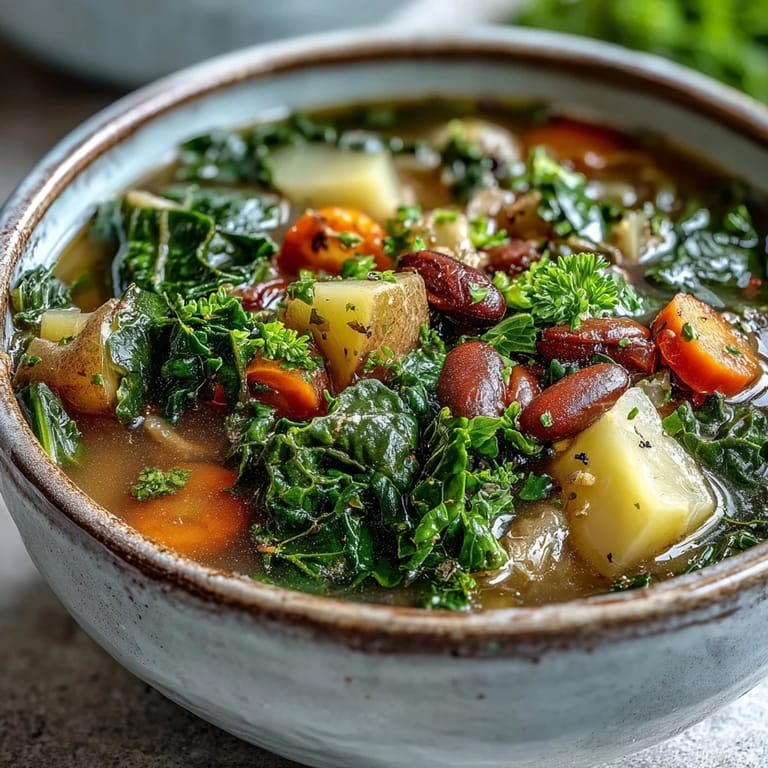 Steaming Kale Soup in a rustic pot featuring chopped kale, diced carrots, celery, and potatoes for a wholesome meal.
