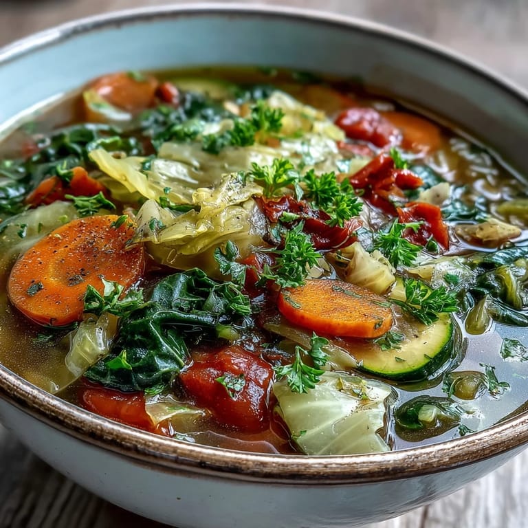 This hearty Cabbage Soup features tender chopped vegetables in a savory tomato broth, served steaming hot in a rustic bowl.