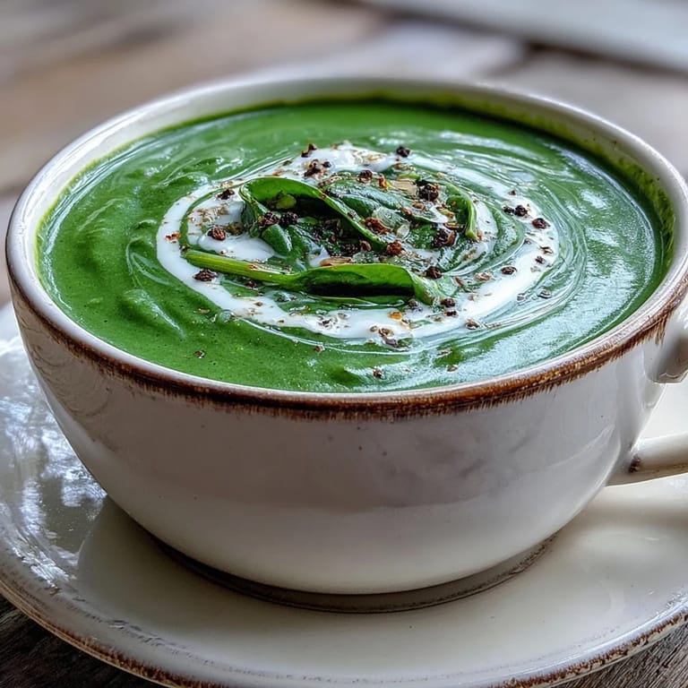 Fresh spinach soup is pureed silky with potato and cream, garnished with a swirl of cream and pepper.