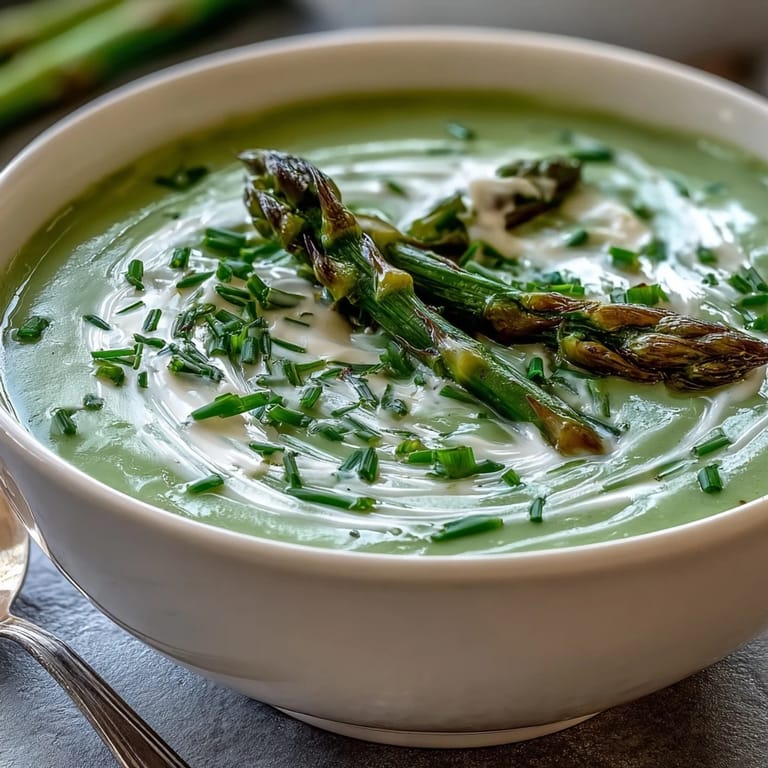 A bowl of silky Asparagus Soup topped with blanched tips and lemon, served alongside warm crusty bread.