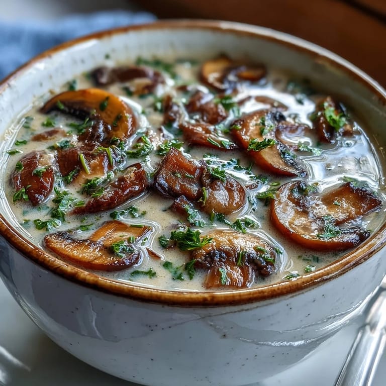 Earthy mushroom soup simmering in a pot with thyme and bay leaf, ready for blending.