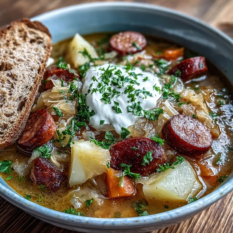Clear glass bowl of golden Sauerkraut Soup with tender vegetables and a swirl of sour cream, ready to eat.