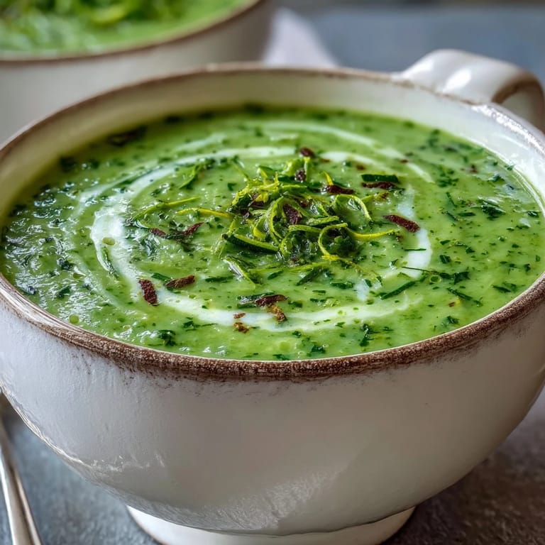 A bowl of silky Zucchini Soup with a cream swirl and chopped herbs, ready for a light summer lunch.