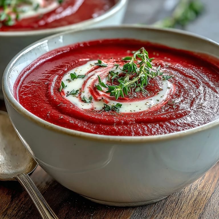 Roasted beet soup garnished with goat cheese and chives, served beside crusty bread.