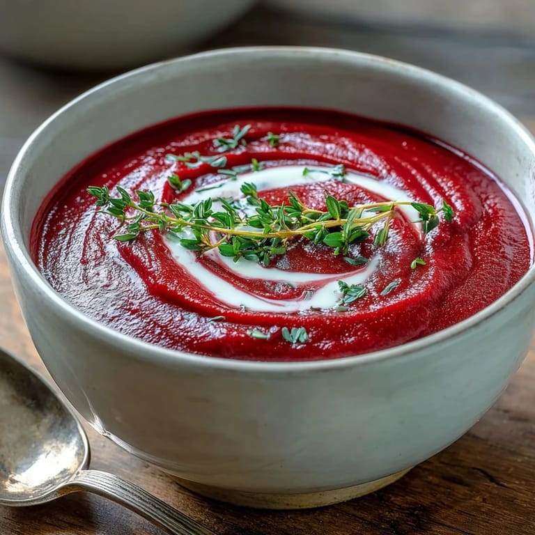Deep crimson roasted beet soup in a rustic bowl, showcasing a smooth, puréed texture.