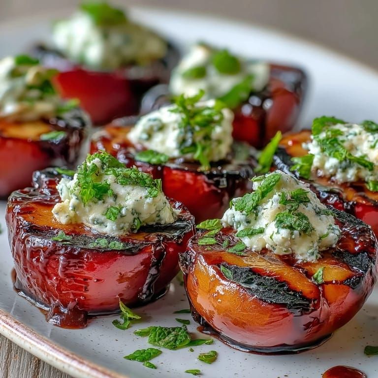 Close-up of warm grilled plums with tangy balsamic glaze and soft goat cheese topping.