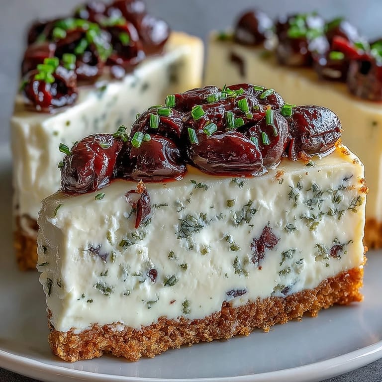 Savory Kalamata cheesecake appetizer slice served on a wooden board with extra olives and fresh herbs.