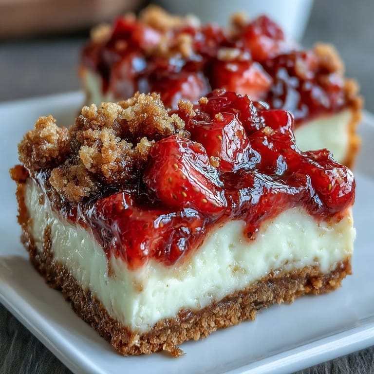 Homemade Strawberry Cheesecake Bars featuring a buttery crust and creamy filling on a marble counter.