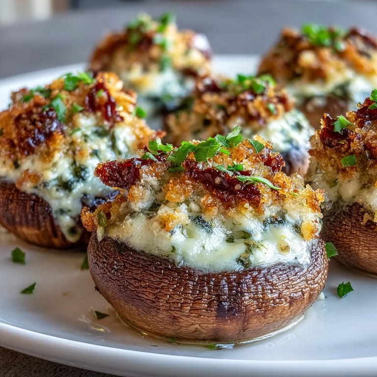 Freshly baked Stuffed Asiago-Basil Mushrooms on a dark slate board, garnished with basil leaves and ready to enjoy.