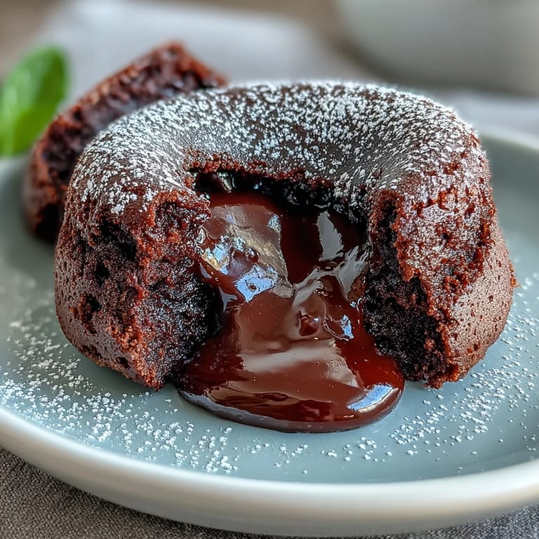 Freshly baked Chocolate Lava Cakes with espresso powder, featuring a soft exterior and oozing chocolate center.