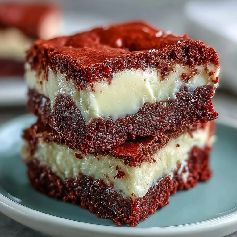 Warm Red Velvet Cheesecake Brownies are served with vanilla ice cream, perfect for a sweet dessert treat.