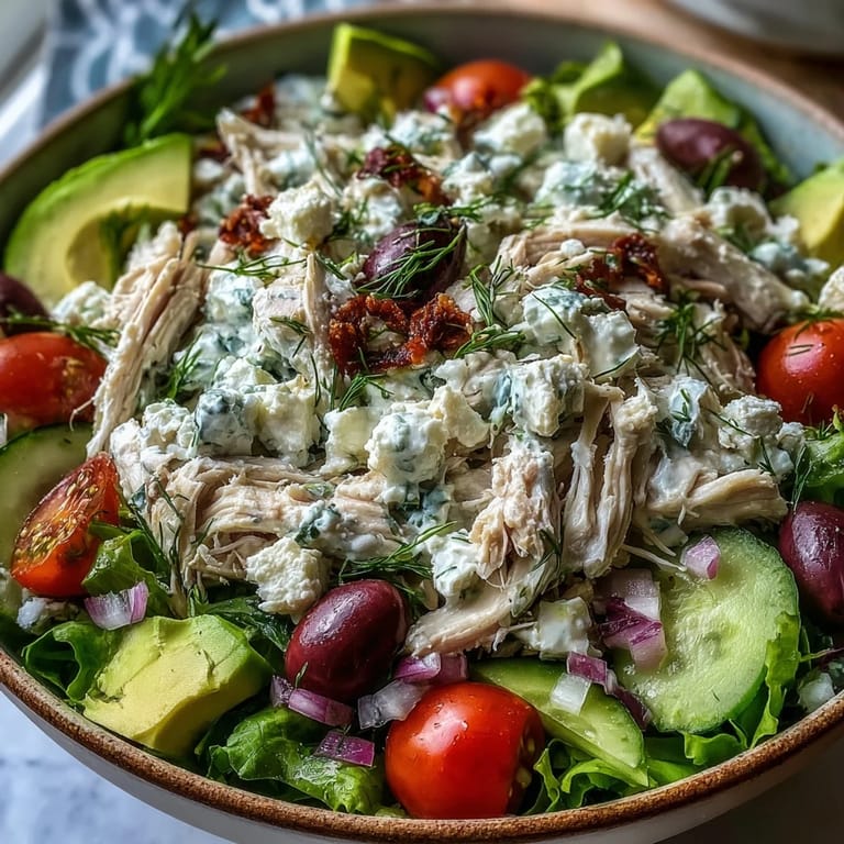 Tzatziki Chicken Salad over a bed of spinach, featuring tender shredded chicken and creamy Greek yogurt, perfect for a light lunch.