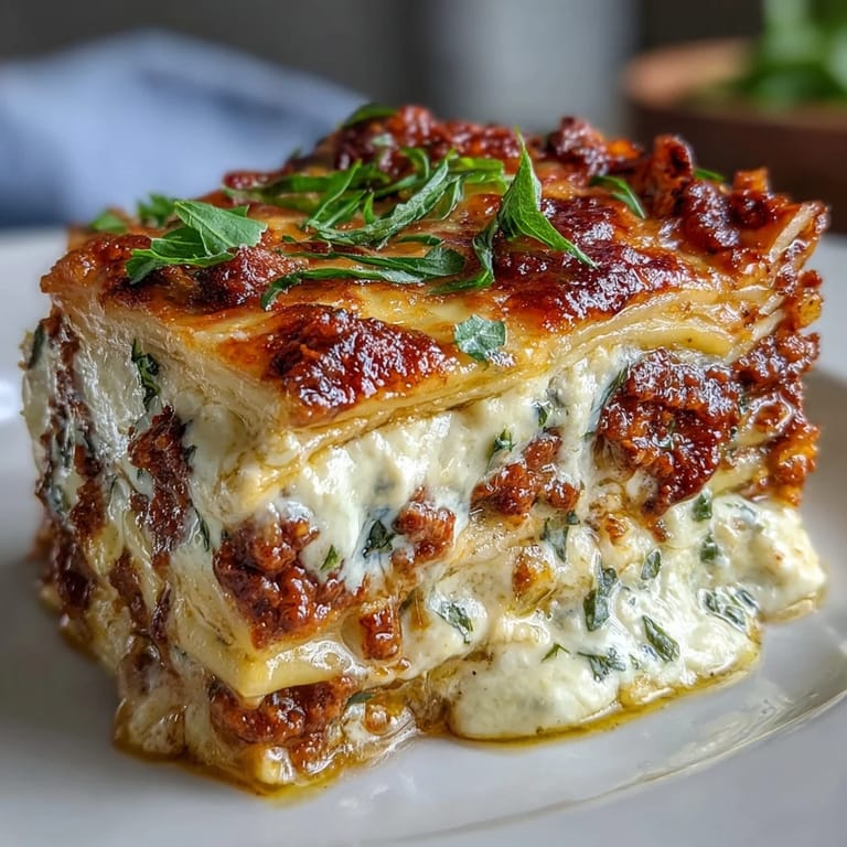 Slices of Worlds Best Lasagna served on a white plate, featuring layers of meaty marinara, ricotta, and mozzarella beside a fresh green salad.