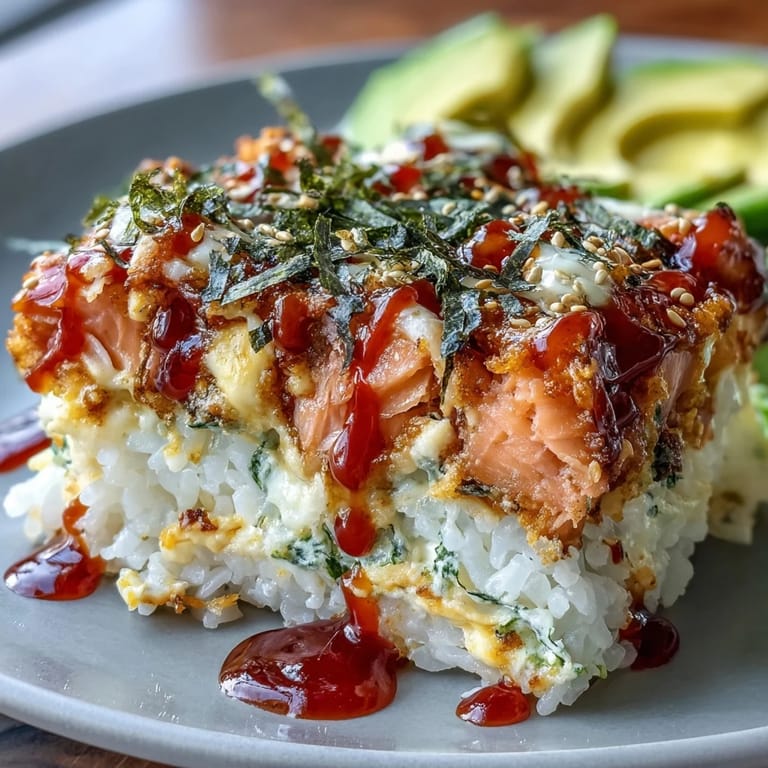 A plated serving of Spicy Salmon Sushi Bake topped with sesame seeds, green onions, and a side of crispy nori sheets for scooping.