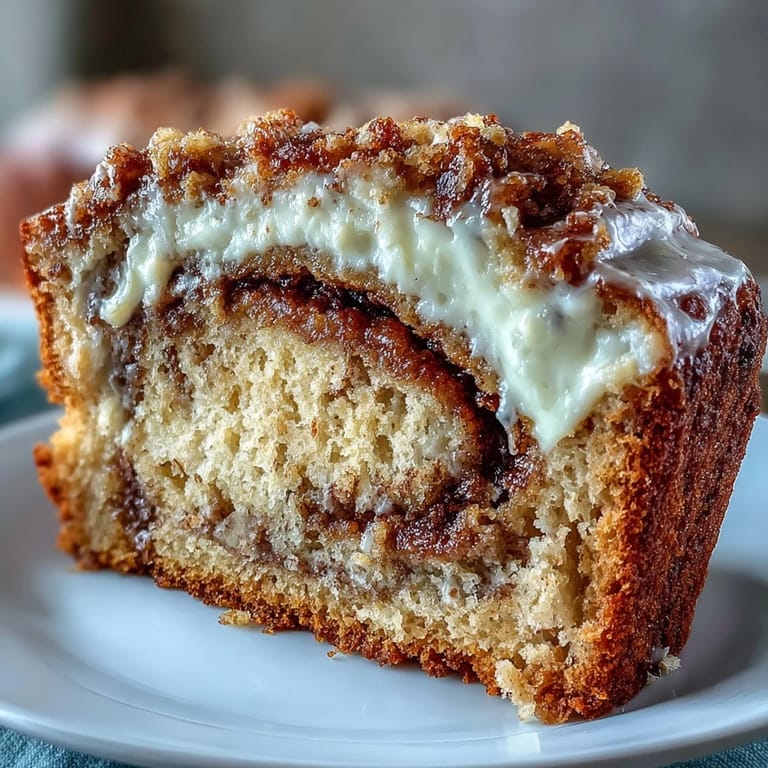 A golden-brown loaf of Cream Cheese Cinnamon Swirl Banana Bread rests on a white plate.