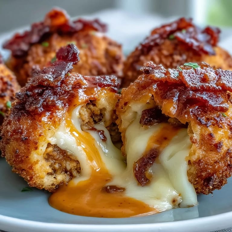 Golden, crunchy bites of Buffalo Chicken Bacon Mozzarella Bombs are drizzled with extra buffalo sauce on a rustic serving board.