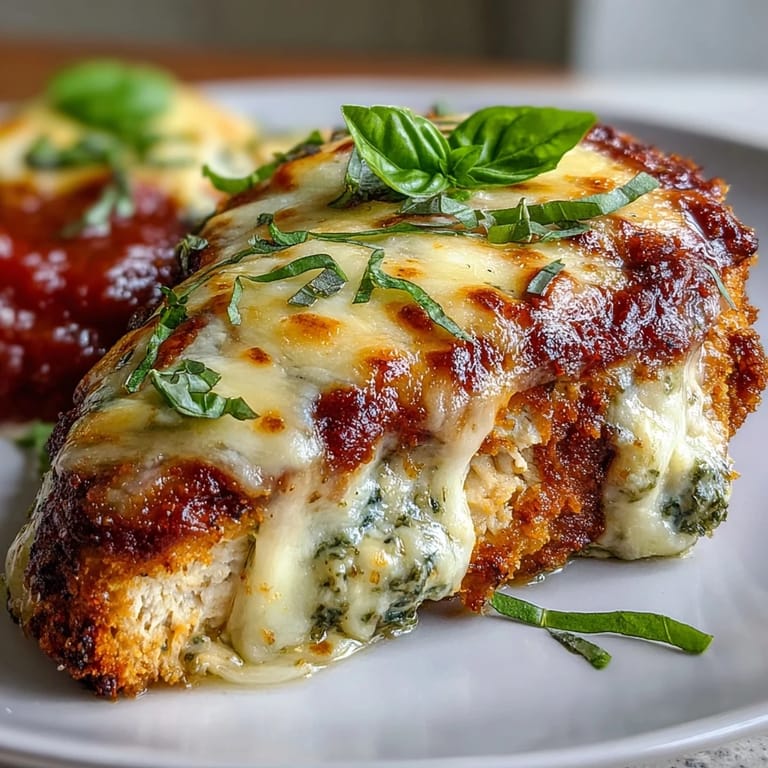 Savory Pesto Chicken Parmesan plated with spaghetti and garlic bread, showcasing bubbling golden cheese and a side of fresh basil garnish.