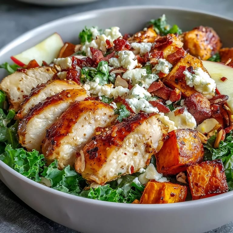 This hearty Fall Sweet Potato Harvest Bowl features sliced chicken, toasted almonds, and a balsamic vinaigrette drizzle over fresh greens.  