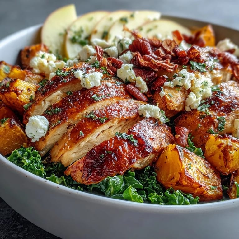 An inviting overhead view of the Fall Sweet Potato Harvest Bowl, showing golden sweet potatoes, apple slices, and crumbled goat cheese.