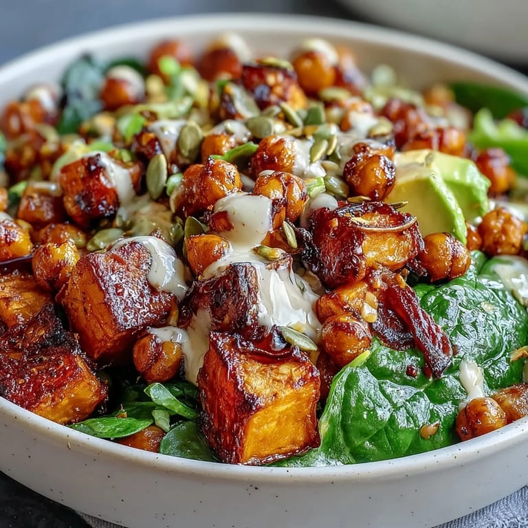 A healthy vegetarian meal prep bowl featuring roasted sweet potatoes and chickpeas, topped with fresh avocado slices and toasted pumpkin seeds for added crunch.  