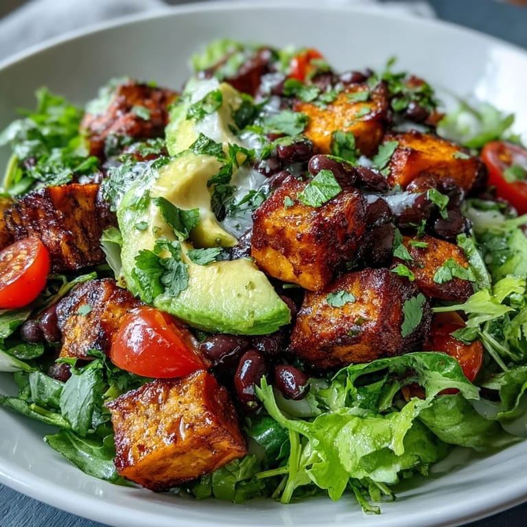 A fresh Sweet Potato and Black Bean Bowl with mixed greens, cherry tomatoes, and zesty lime dressing.