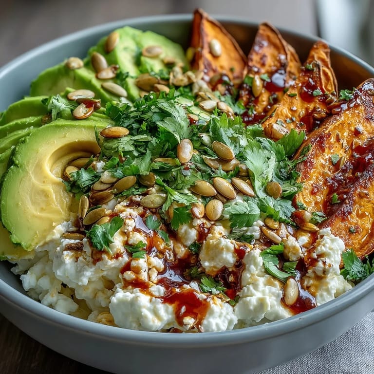 A close-up of a Hot Honey Sweet Potato Bowl featuring crispy-edged spuds, smooth avocado, and a drizzle of spicy sweet glaze.