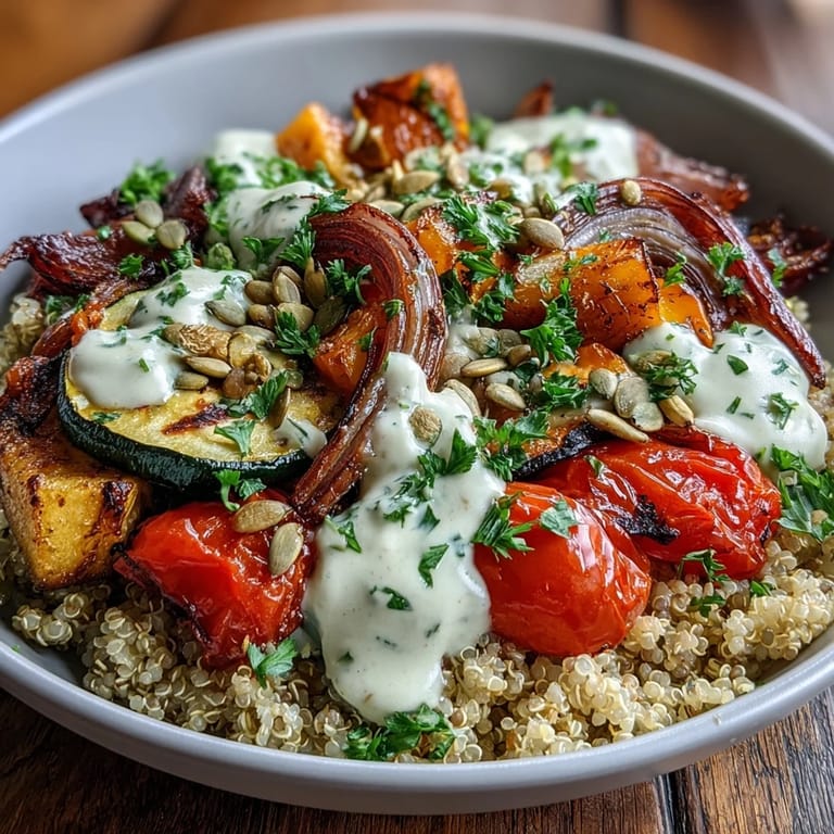 A creamy white tahini sauce is drizzled over the Mediterranean-inspired quinoa bowl topped with fresh parsley and pumpkin seeds.