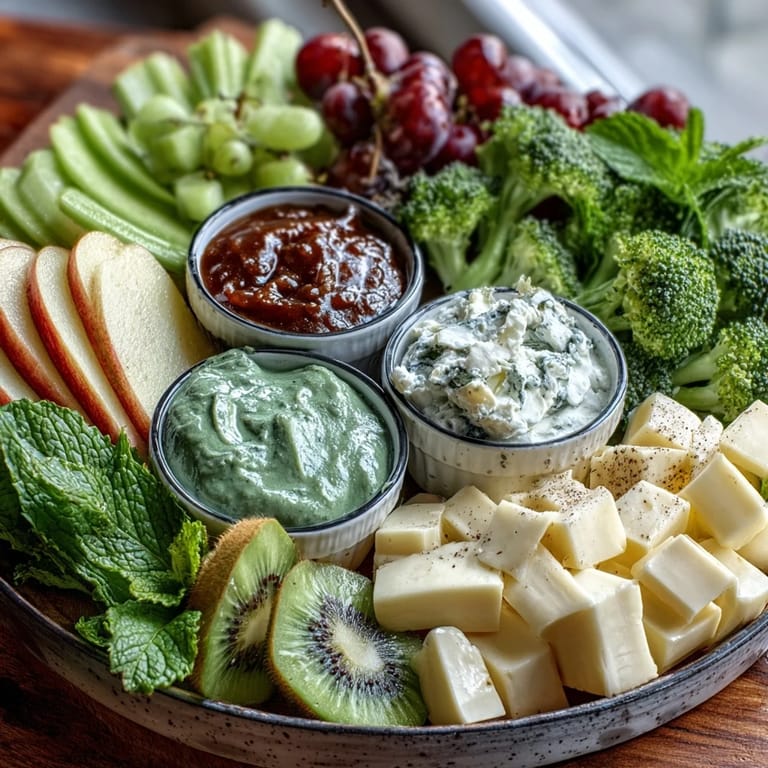 Colorful St. Patrick's Day green snack platter with fresh produce, savory bites, and festive candies for celebrations.
