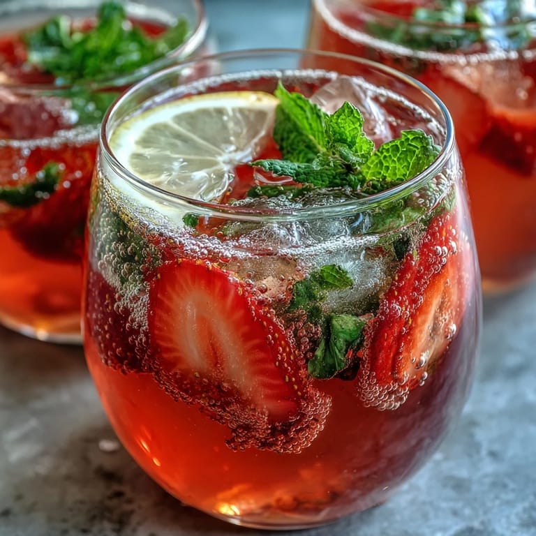 Vibrant non-alcoholic strawberry lemon fizz garnished with fresh mint, lemon wheels, and whole berries for a festive spring drink.