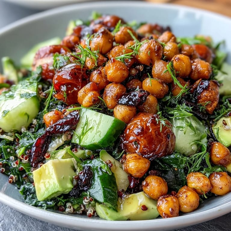 Mediterranean-inspired grain bowl with crispy chickpeas, colorful veggies, and tangy lemon dressing for a refreshing, healthy dish.  
