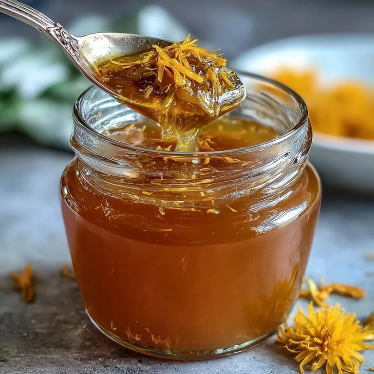 A floral, honey-sweetened dandelion jelly with zesty lemon, offering a unique twist for breakfast or dessert toppings.