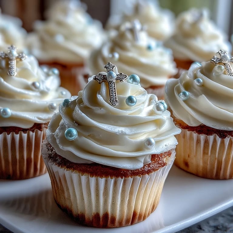 Adorable mini vanilla cupcakes adorned with creamy frosting and fondant rosary toppers, ideal for a First Communion party.