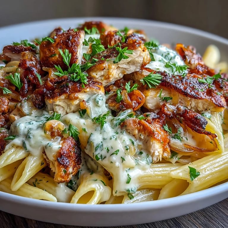 Savory one-pot French Onion Chicken Pasta featuring tender chicken, rich broth, and bubbling cheese topping.
