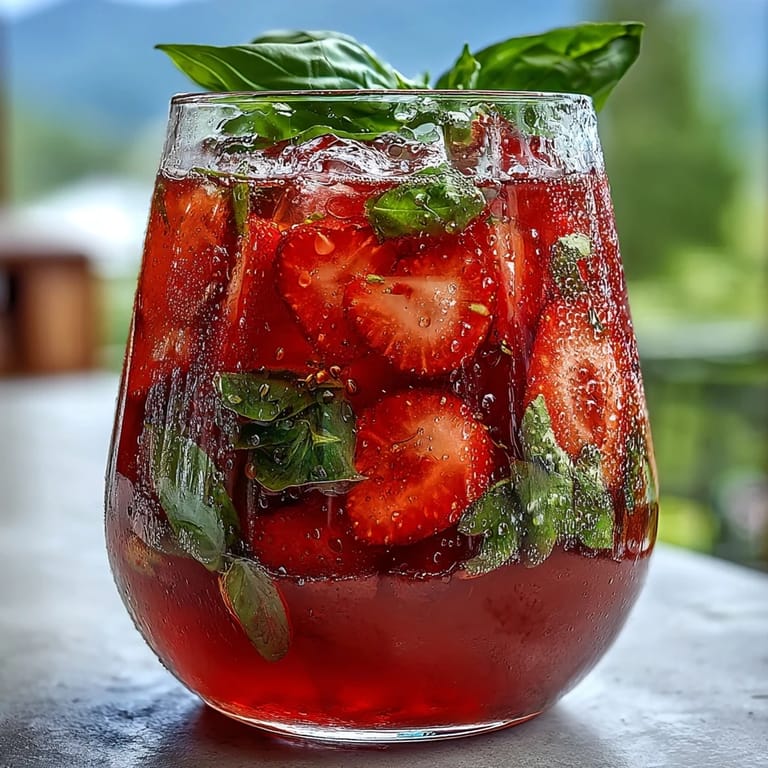 A refreshing summer drink with juicy strawberries and aromatic basil in a clear pitcher.