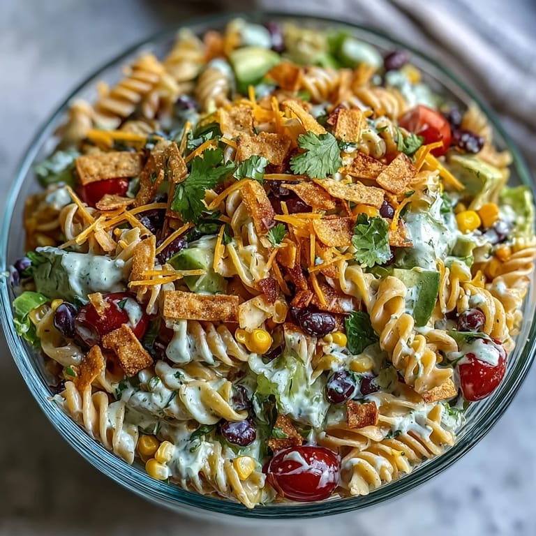 Vibrant summer potluck pasta salad featuring cherry tomatoes, red bell pepper, and creamy taco-seasoned dressing for a bold Tex-Mex twist.