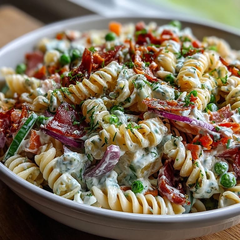 Colorful Hawaiian pasta salad with savory ham, sweet pineapple, crunchy vegetables, and creamy ranch dressing, ideal for picnics.